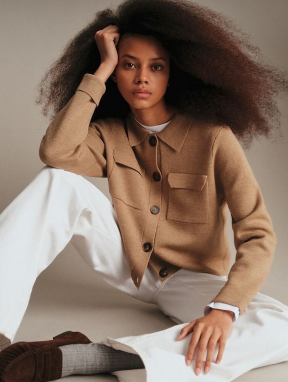 Sezane Betty Cardigan In Mottled Camel